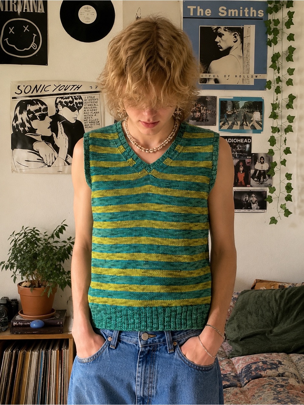 Vintage Green Yellow Sweater Vest Striped Retro Grandpa Core Size M